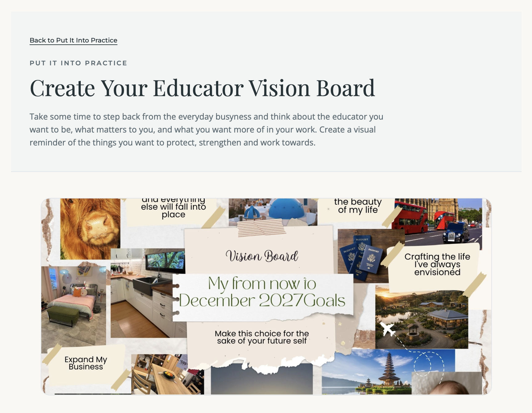 Educator Vision Board activity in The Educators Well, helping educators reflect on what matters to them, the educator they want to be and what they want to work towards.