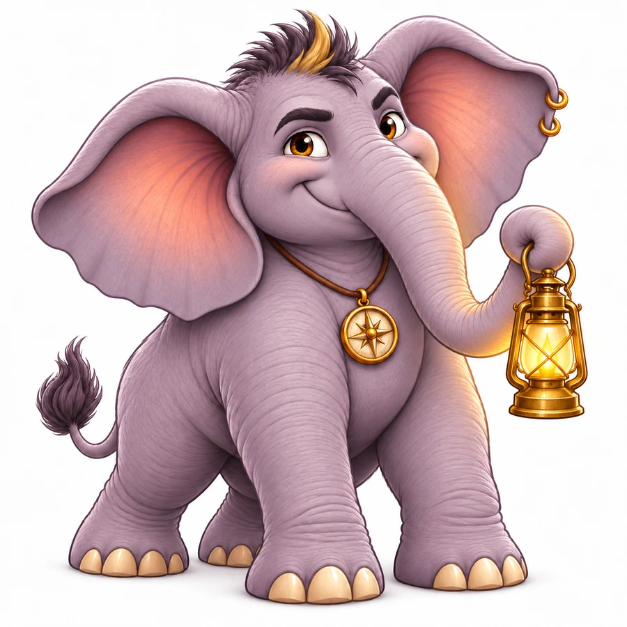 Jacob the Elephant, the WELL Team character for Lead With Purpose, wearing a compass pendant and holding a glowing lantern