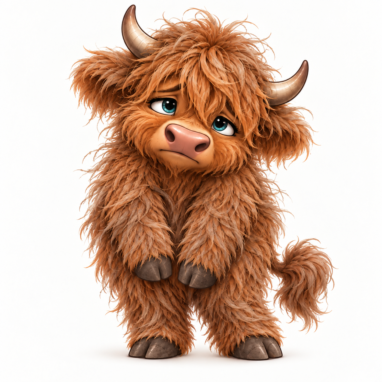 Welly, a fluffy Highland cow, looking tired and a little lost, with a flat, weary expression