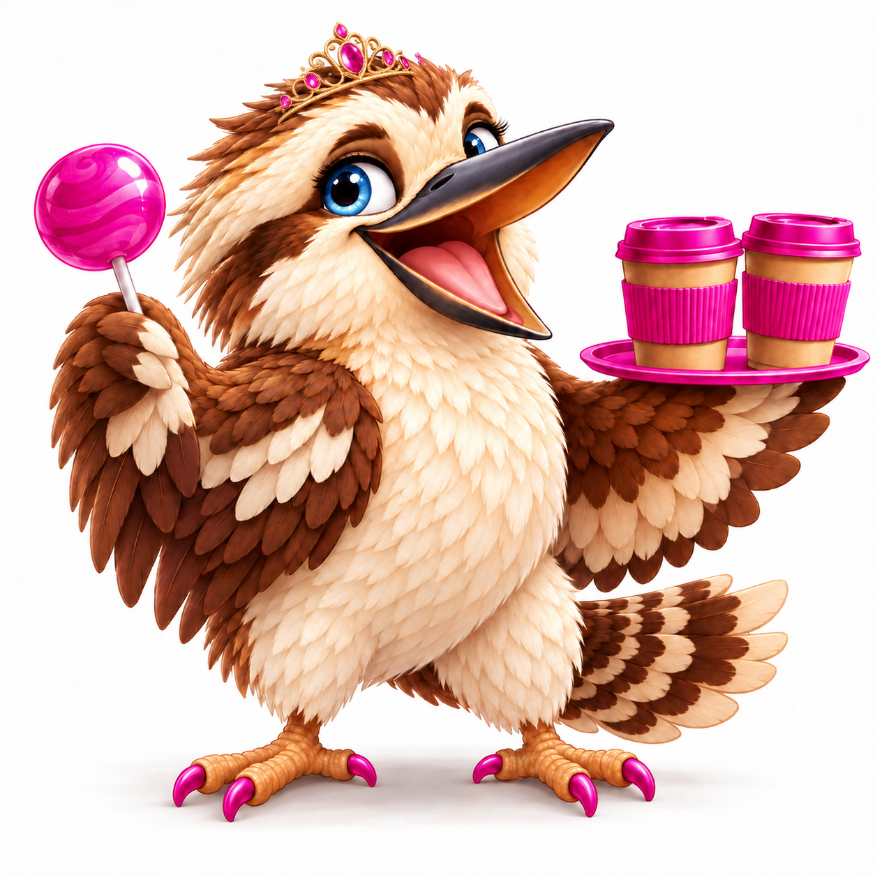 Addy the Kookaburra, laughing and carrying a tray of two coffees