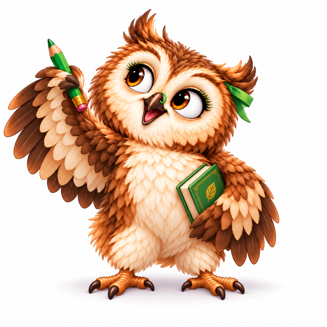 Ava the Owl, holding a green pencil and a book