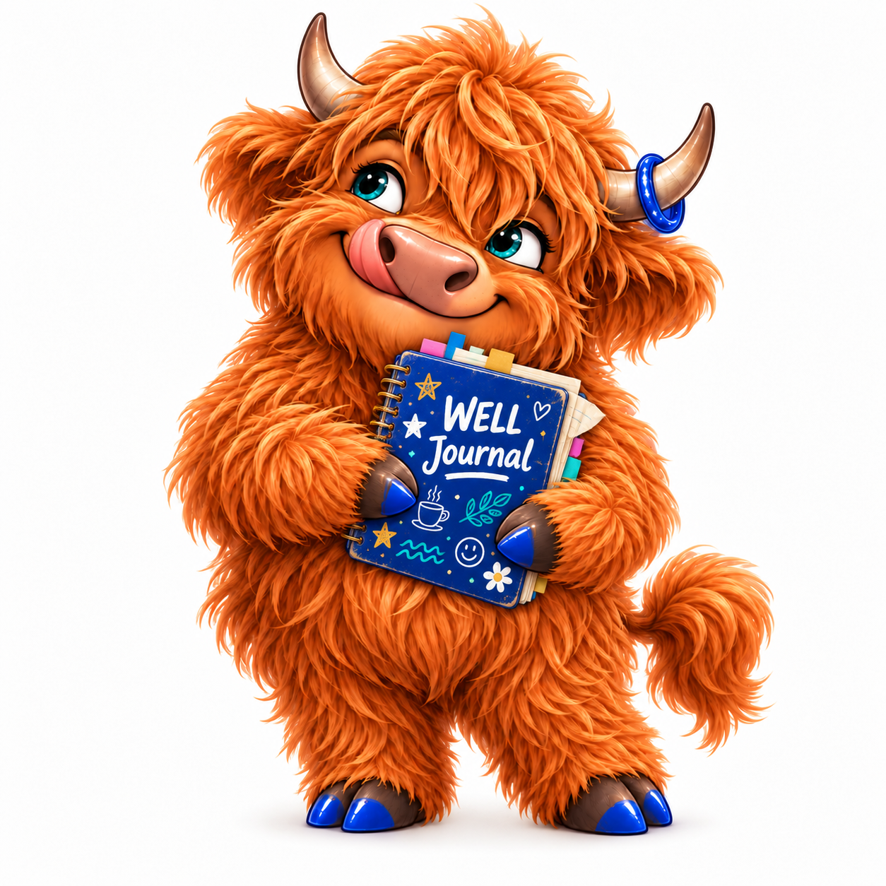 Welly further along her journey, bright and smiling, hugging her WELL Journal