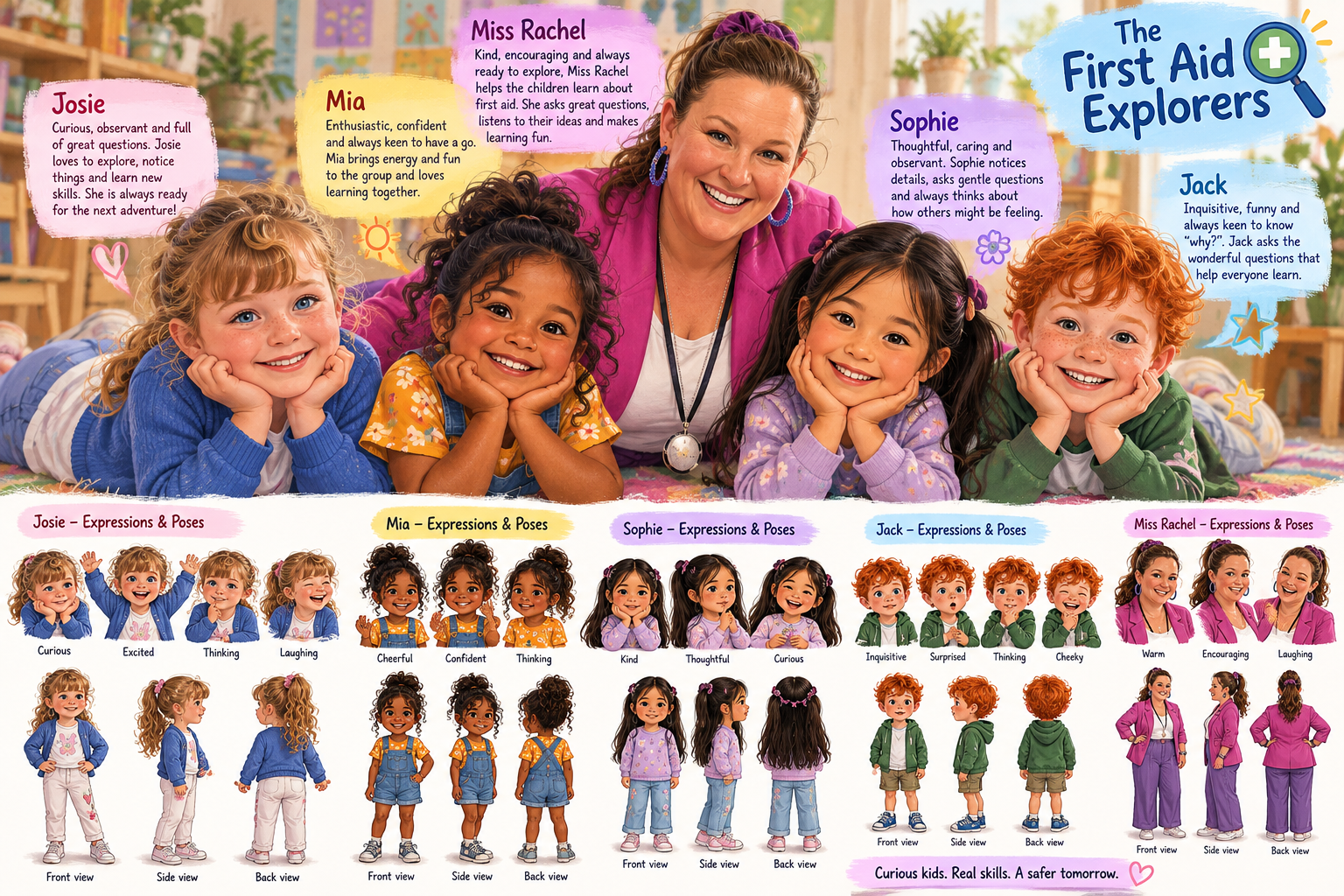 Illustrated First Aid Explorers characters: Josie, Mia, Sophie and Jack lying on a mat with Miss Rachel, plus each character's expressions and poses